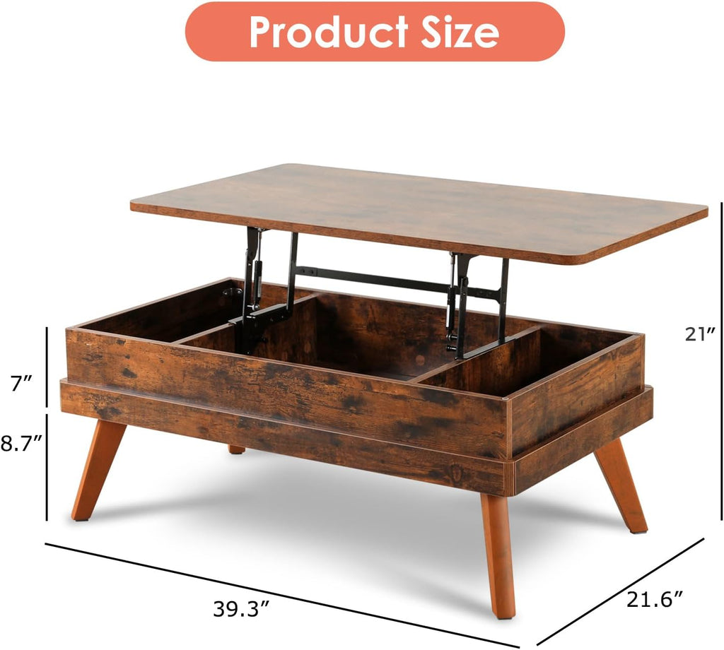 Lift Top Coffee Table, Easy-to-Assembly Center Table with Hidden Storage Compartment, Industrial Lift Tabletop Dining Table for Living Room Reception/Home Office, Rustic Brown