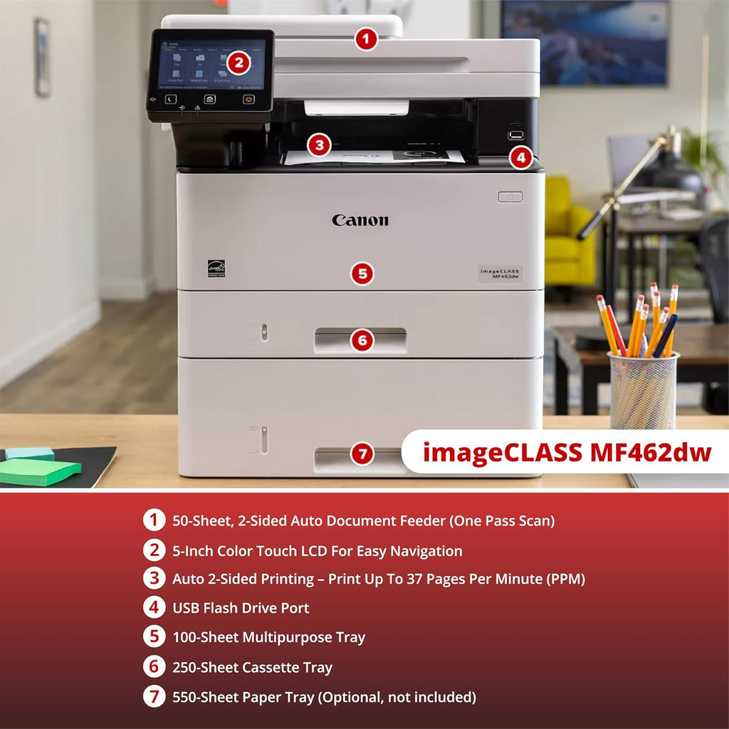 Canon imageCLASS MF462dw 4-in-1 Monochrome Wireless Duplex Laser Printer with Print, Copy, Scan and Fax Capabilities, Auto Document Feeder, and 5-Inch Touch Display Panel (Certified Renewed)