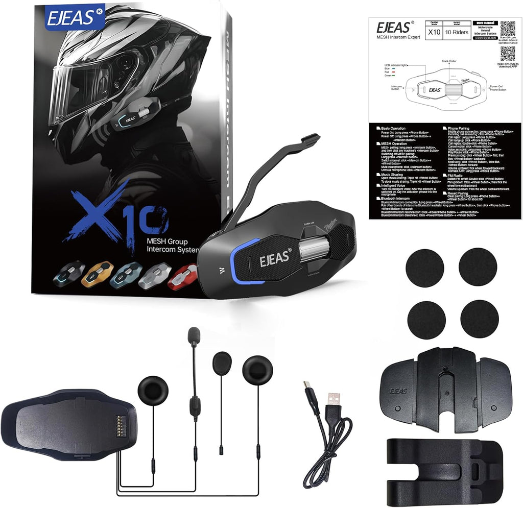 X10 Motorcycle Helmet Bluetooth Headset, 10 Riders Mesh 4.0 Motorcycle Intercom, Communication Systems with Music Share, Dual Noise Reduction, Voice Assistant, IP67, Black