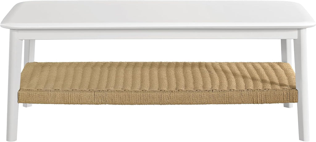 Alaterre Furniture Calais 48 Inch Rectangular Wood Coffee Table with Woven Storage Shelf – Mid Century Modern 2-Tier Living Room Table (White)