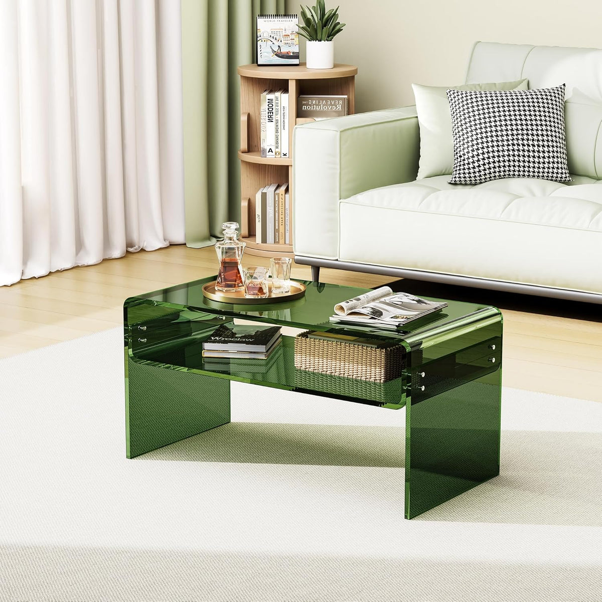 Acrylic Coffee Table for Living Room Clear Rectangle Lucite Table with Open Storage Shelf (1, Green, Nomal)