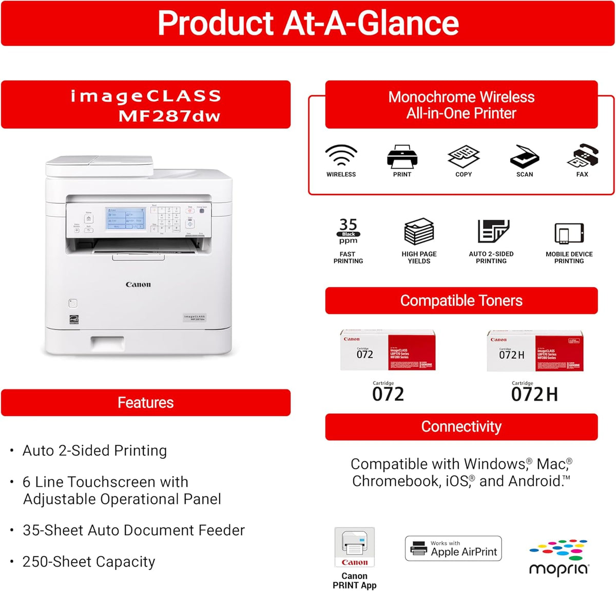 Canon imageCLASS MF287dw - Monochrome, Duplex, Wireless Laser Printer, All-in-One Print, Copy, Scan, Fax, Auto Document Feeder, 1 Year Limited Warranty, 35 PPM, White