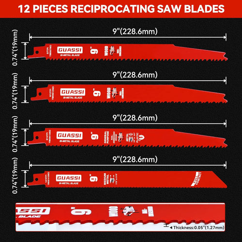 12 Pack 9 inch Reciprocating Saw Blade Set, Various TPI Bi-Metal Sawzall Blades for Wood, Metal and PVC Cutting, Durable Sawzall Blades for Multi-Material Demolition and Cutting, for Diablo