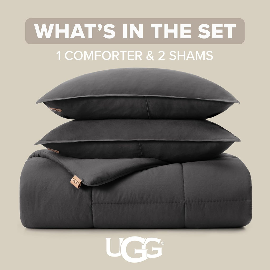 UGG Leonora Comforter Set with 2 Pillow Shams Lightweight Down Alternative Blanket Reversible Cozy Warm All Season Washable and Hypoallergenic Bedding Set, Full/Queen, Charcoal Grey