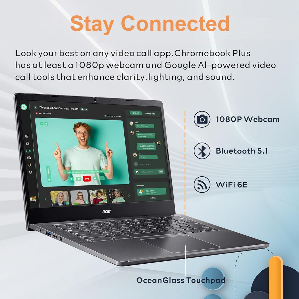 acer Chromebook Plus 514 Laptop with Google AI, Intel 8-Core i3-N305, 8 GB LPDDR5, 512 GB SSD, 14" FHD 1920 x 1080 IPS Touch Screen, Wi-Fi 6E, 1080P Webcam, Chrome OS, 1080p Webcam, Long Battery Life