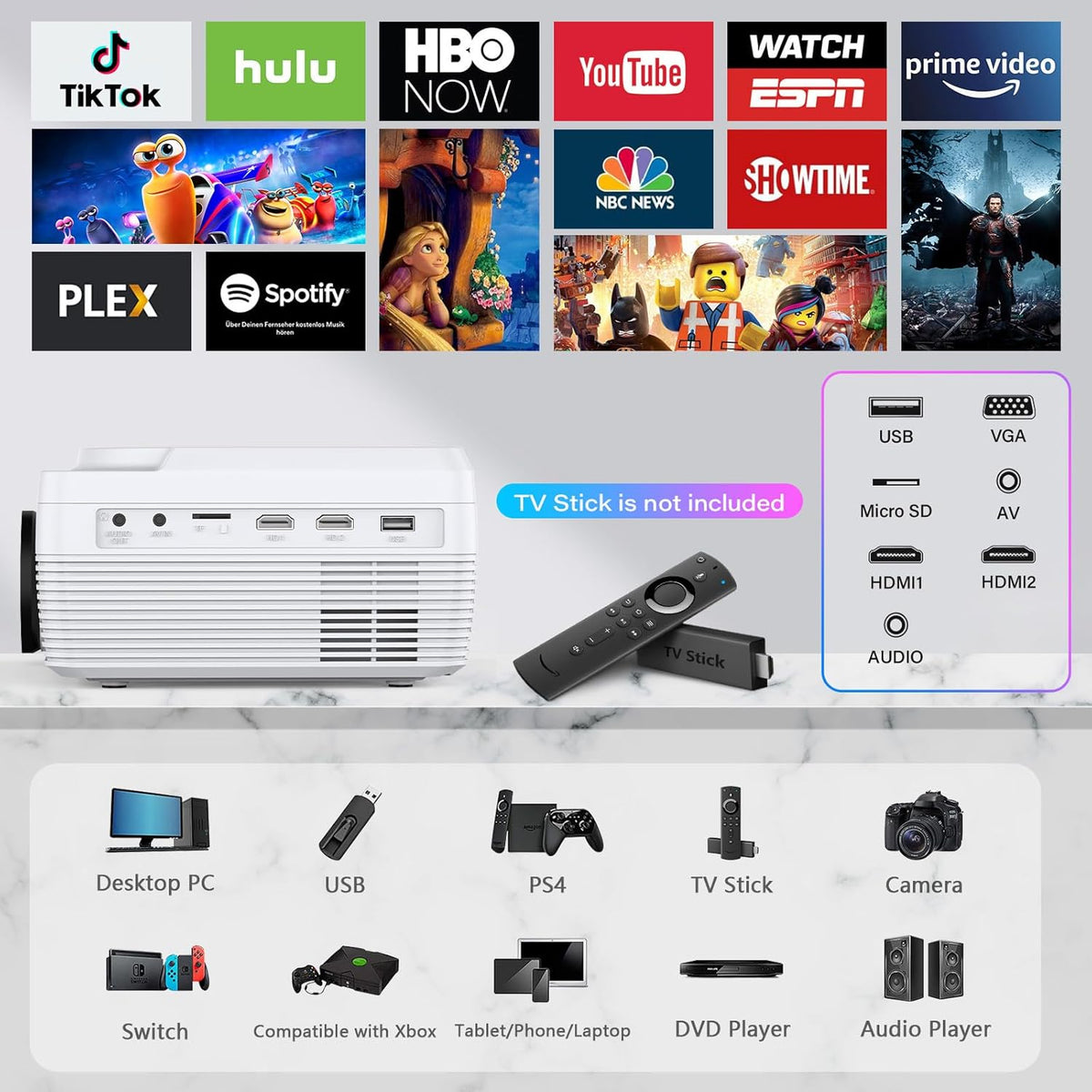 Full HD WiFi Bluetooth Projector Built in DVD Player, 12000LM 1080P Supported, Portable Mini DVD Projector for Outdoor Movies, 250" Home Theater, Compatible with iOS/Android/TV Stick/PS4/HDMI/USB/TF