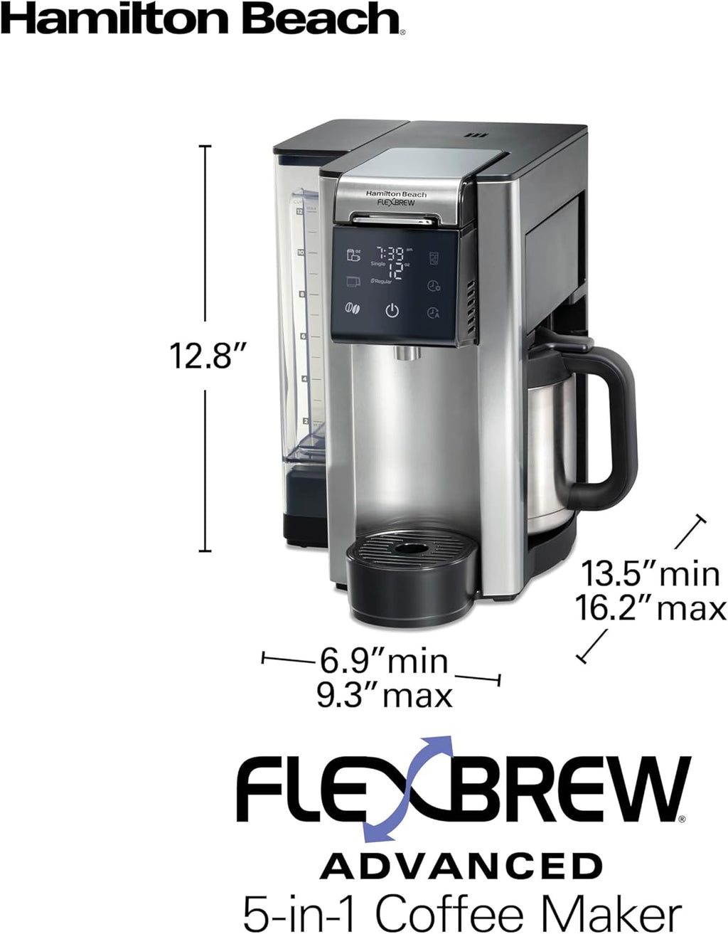 Hamilton Beach FlexBrew Advanced 5-in-1 Thermal Programmable 12 Cup Drip and Single Serve Hot & Iced Coffee Maker, Movable 60oz. Water Reservoir, Use Pod Packs and Grounds, Fast Brewing, Black (49929)