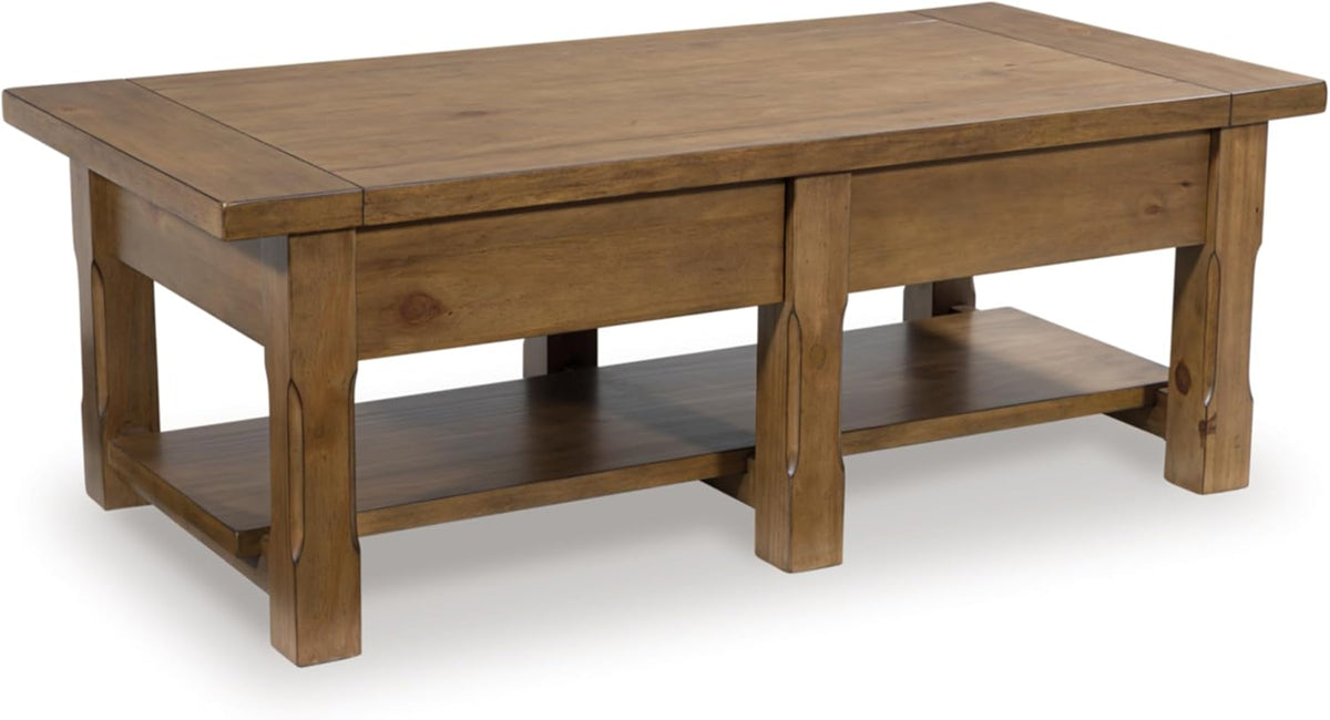 Signature Design by Ashley Vandenmore Casual Rectangular Coffee Table with 2 Drawers and Lower Shelf, Bronze Knobs, Wood, 54" W x 26" D x 19.13" H, Brown