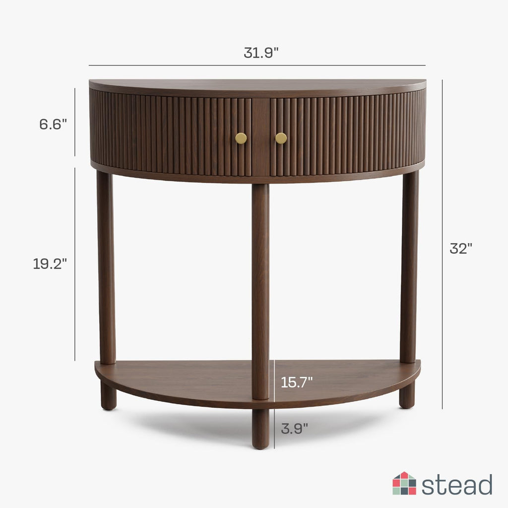Stead Fluted Half Moon Shaped Console Table - Small Entry Desk - Living Room Furniture - Modern Home Decor - Solid Wood Entryway Table with Two Doors and Brass Knobs (Walnut)