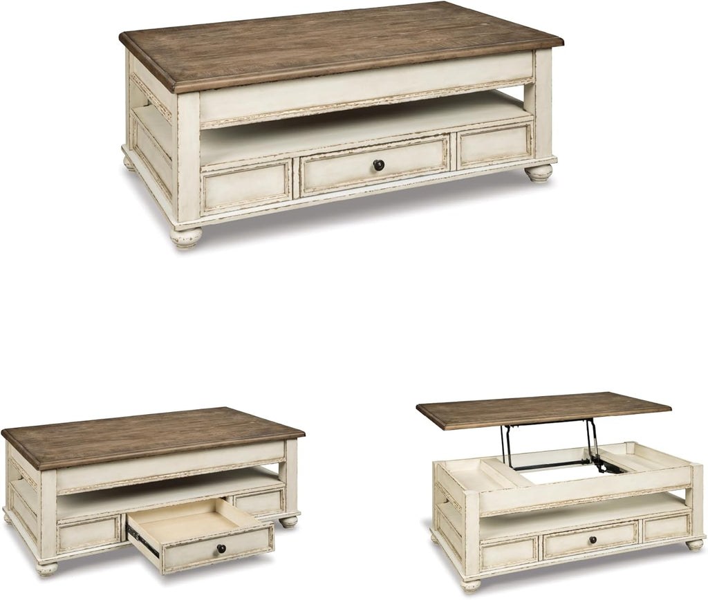 Signature Design by Ashley Realyn Vintage Farmhouse Rectangular Lift Top Coffee Table with Storage Drawer, White & Brown