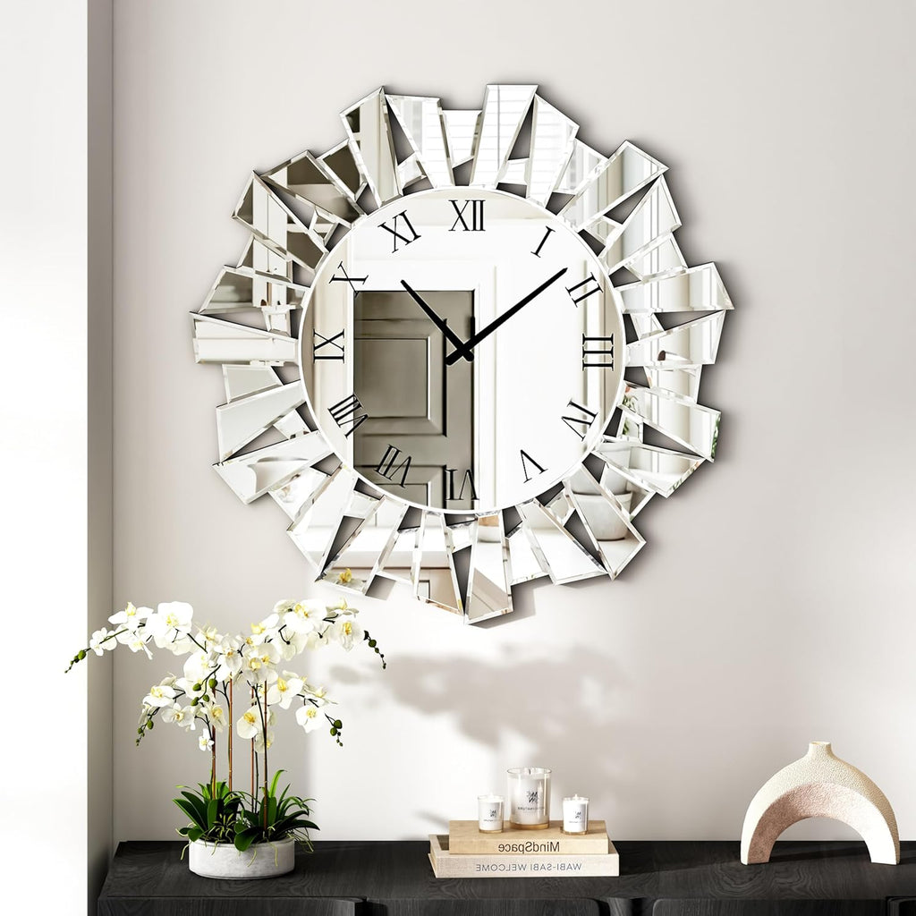 SHYFOY Silver Wall Clock – 23.62" Large Modern Mirror Clock with Roman Numerals, Luxury Art Wall Deco for Living Room, Bedroom and Dining Room