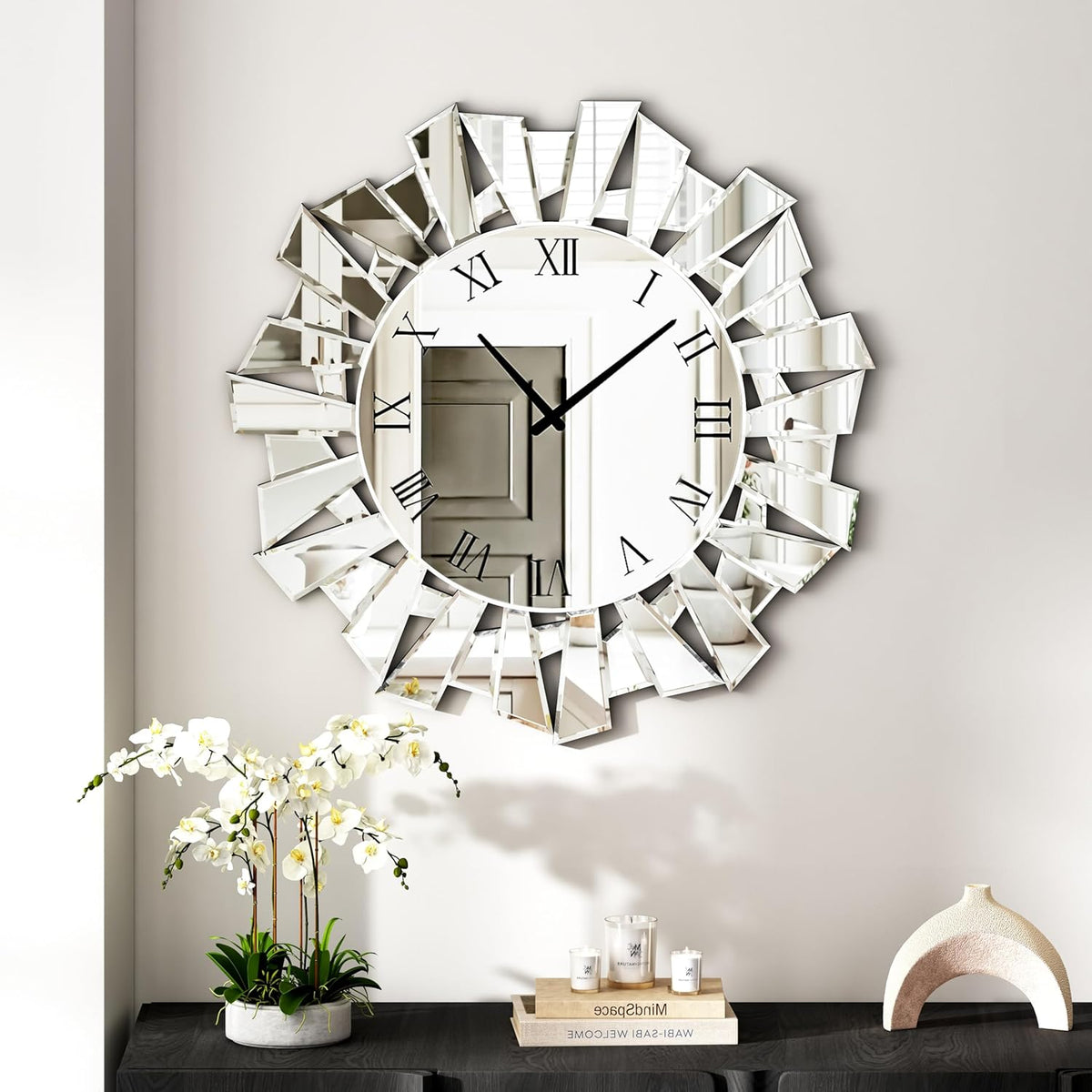 SHYFOY Silver Wall Clock – 23.62" Large Modern Mirror Clock with Roman Numerals, Luxury Art Wall Deco for Living Room, Bedroom and Dining Room