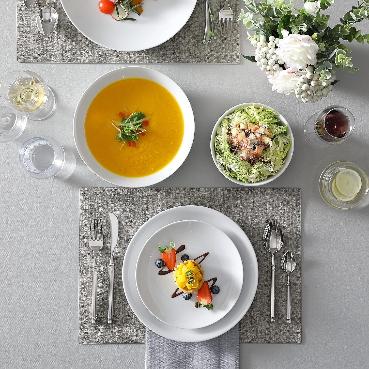 MALACASA 24-Piece Gourmet Porcelain Dinnerware Sets, Modern White Round Dish Set for 6 - Premium Serving Plates and Bowls Sets for Dessert, Salad, Soup, Pasta - Series AMELIA