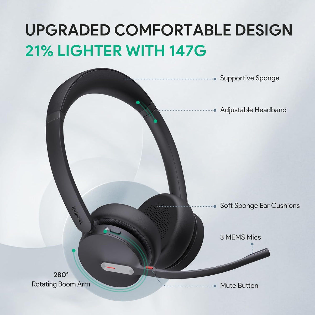 Yealink BH70 Wireless Bluetooth Headset with Microphone for Work, up to 35h Talking Battery Life, 3-Mic, 147g Lightweight Microsoft Teams Certified Headphone for Open Office, USB-C to A