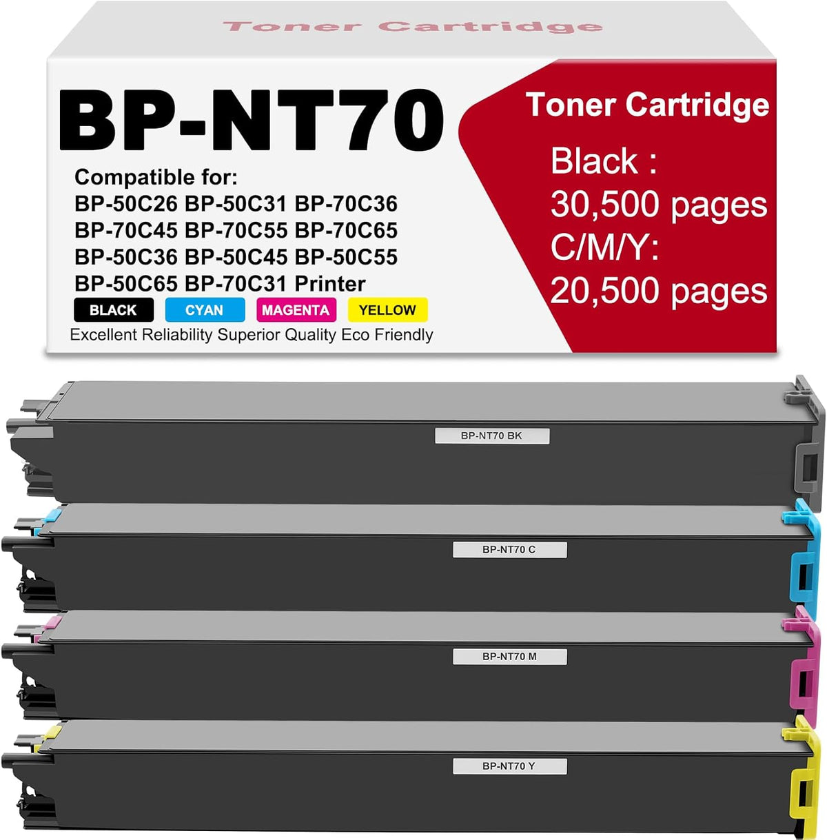 BP-NT70 Toner Cartridge 4-Pack High Yield Replacement for BP-NT70BA BP-NT70CA BP-NT70MA BP-NT70YA Compatible with BP-50C26 BP-50C31 BP-70C36 BP-70C45 BP-70C55 BP-70C65 Printer