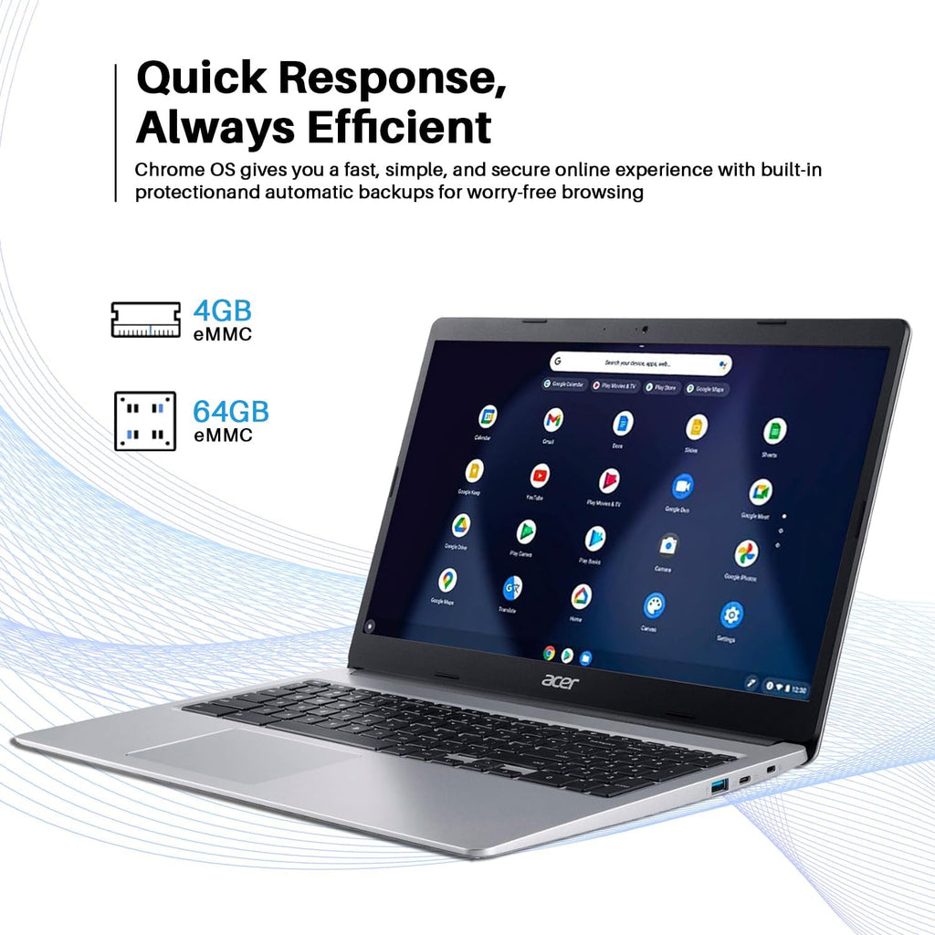 acer 2024 Chromebook 315 Laptop, 15.6" HD Display, Intel Celeron N4020, 4GB RAM, 64GB eMMC, Intel UHD Graphics,Long Battery Life, WiFi, Bluetooth, Chrome OS