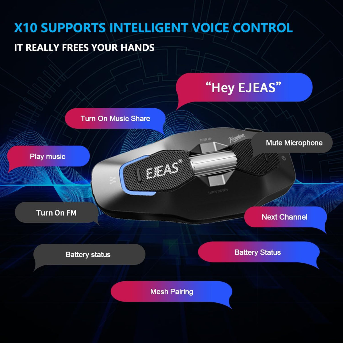 X10 Motorcycle Helmet Bluetooth Headset, 10 Riders Mesh 4.0 Motorcycle Intercom, Communication Systems with Music Share, Dual Noise Reduction, Voice Assistant, IP67, Black