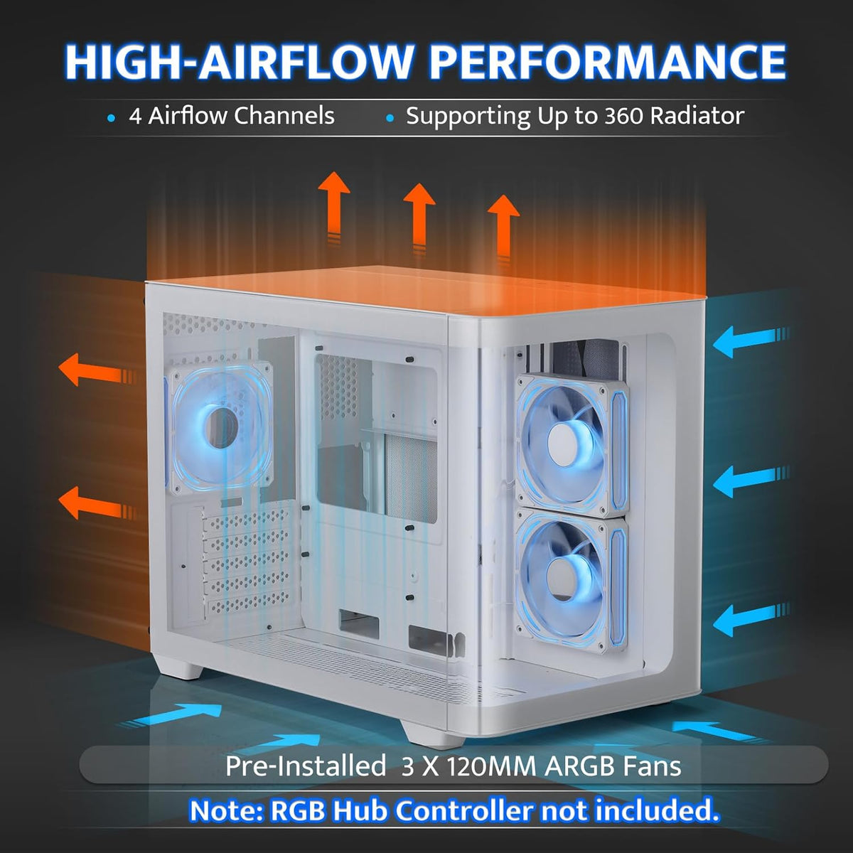 darkFlash Micro-ATX Gaming PC Case, MATX PC Case with 3 x 120mm ARGB Fans, Panoramic View Dual Tempered Curve Glass Computer Case, USB 3.0 Port, Supports Dual 360mm AIO, White(DPW90M)