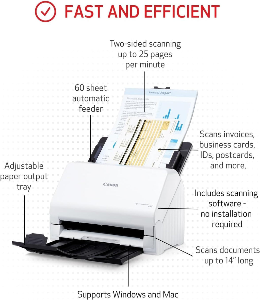 Canon imageFORMULA R30 - Office Document Scanner, Auto Document Feeder, Duplex Scanning, Plug-and-Scan Capability, No Software Installation Required