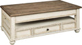 Signature Design by Ashley Realyn Vintage Farmhouse Rectangular Lift Top Coffee Table with Storage Drawer, White & Brown