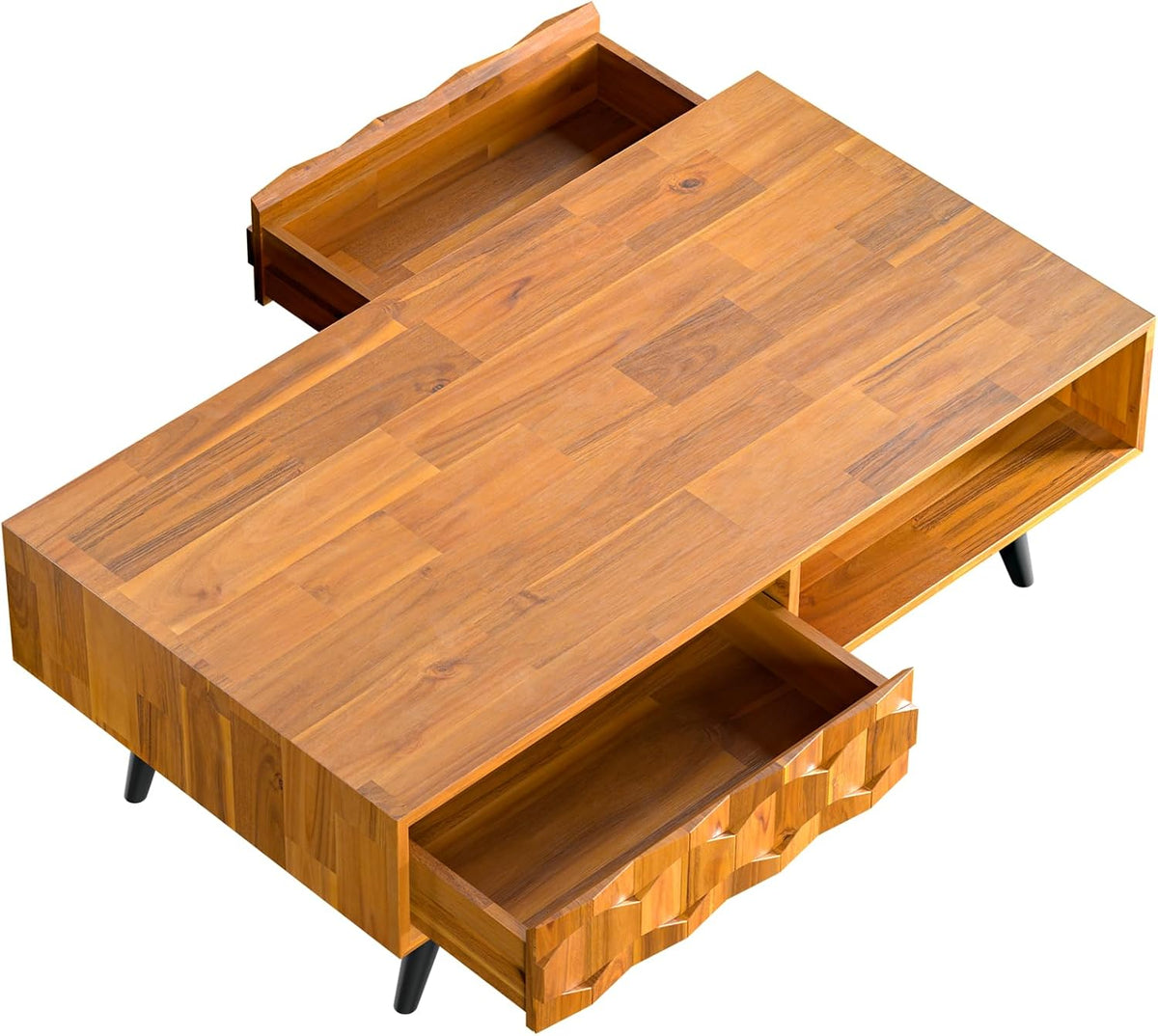 Bme Georgina Solid Wood Coffee Table, 2 Drawers & Open Shelves, Mid Century Modern Center Table, 110 cm, Teak Brown, Pre-Assembled
