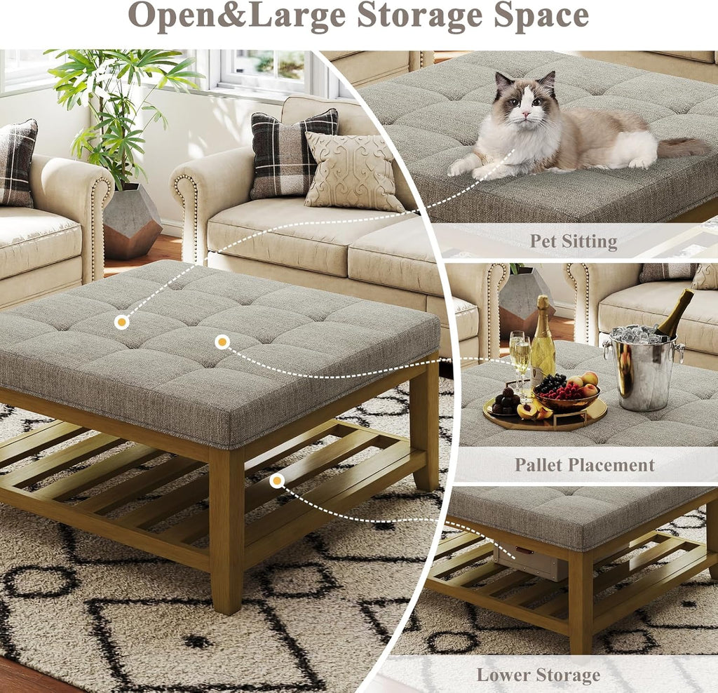 Befurtori Large Square Ottoman Coffee Table, Linen Solid Upholstered Footrest Ottoman with Solid Wood Shelf Storage Tufted Coffee Table for Bedroom Living Room, Linen