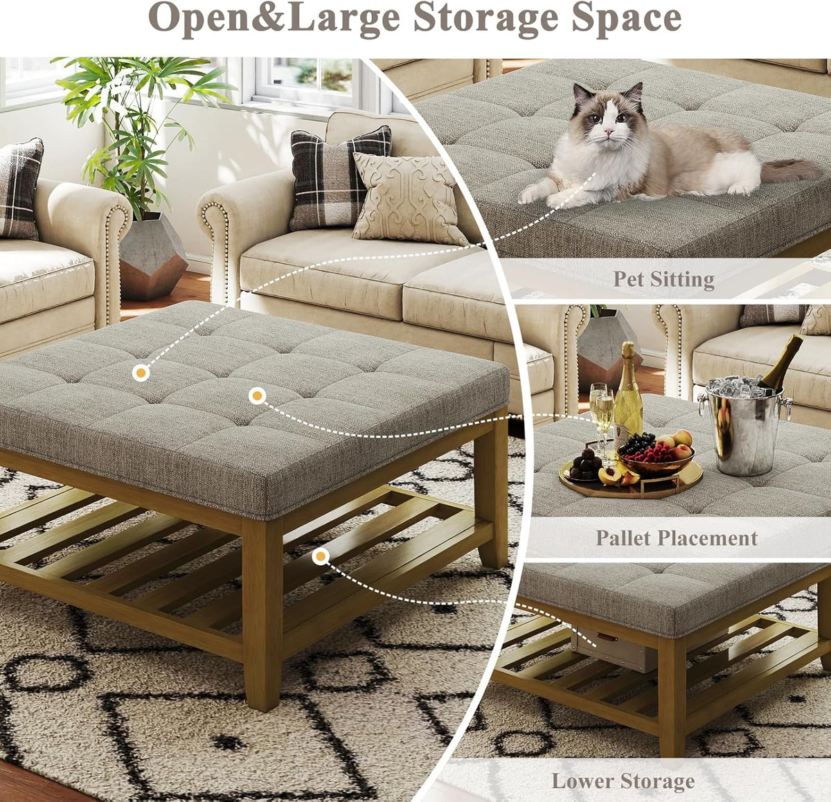 Befurtori Large Square Ottoman Coffee Table, Linen Solid Upholstered Footrest Ottoman with Solid Wood Shelf Storage Tufted Coffee Table for Bedroom Living Room, Linen
