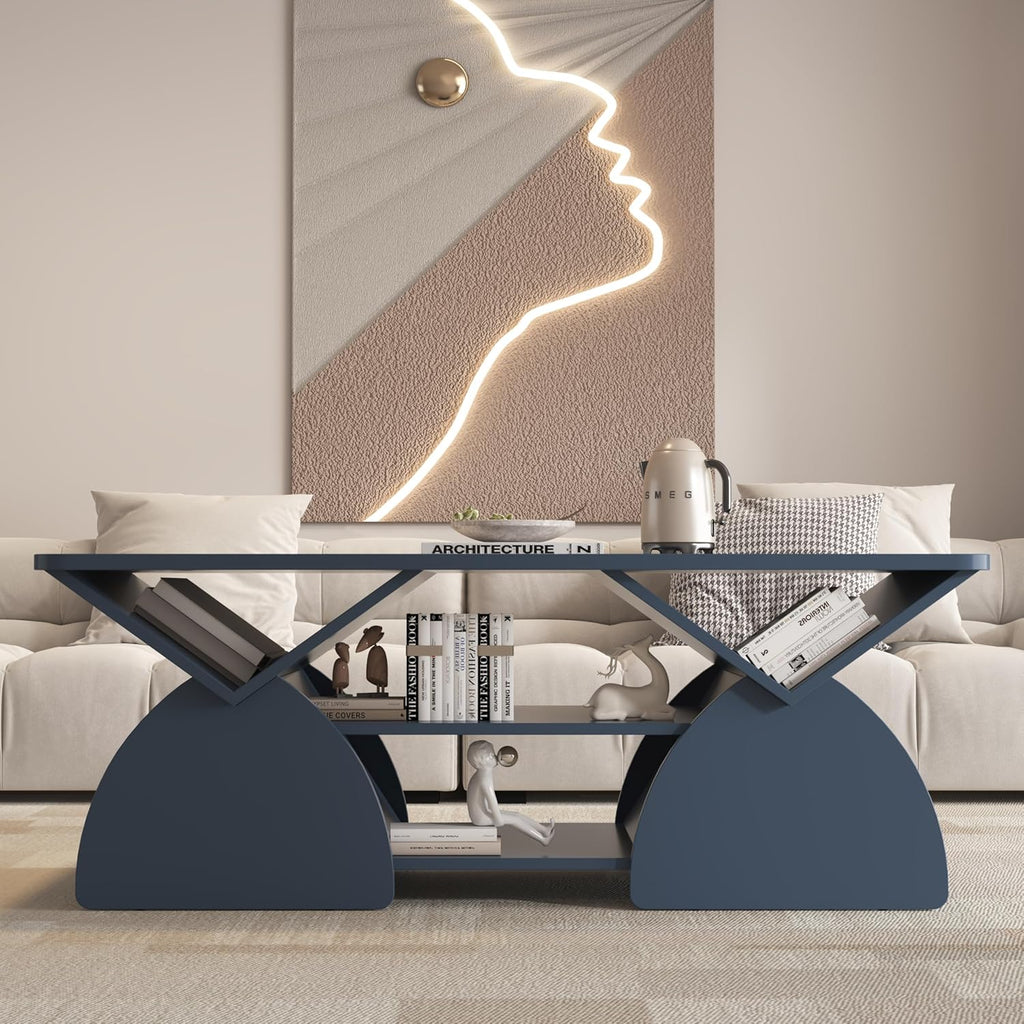 GDFStudio 47" Rectangle Coffee Table, Mid Century Modern Coffee Tables with Open Shelves & Sturdy Frame, Rounded Corners, Geometric Design, Engineered Wood Center Table for Living Room, Blue