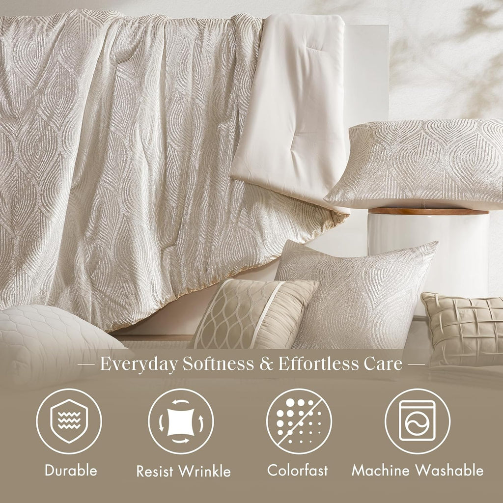 Madison Park 7-Piece Velvet Comforter Set, Jacquard Bedding Sets for All Season, Includes Comforter, Bed Skirt, Pillow Shams and Decorative Pillow, Queen/King/Cal King, Nocturne, Champagne | All Season