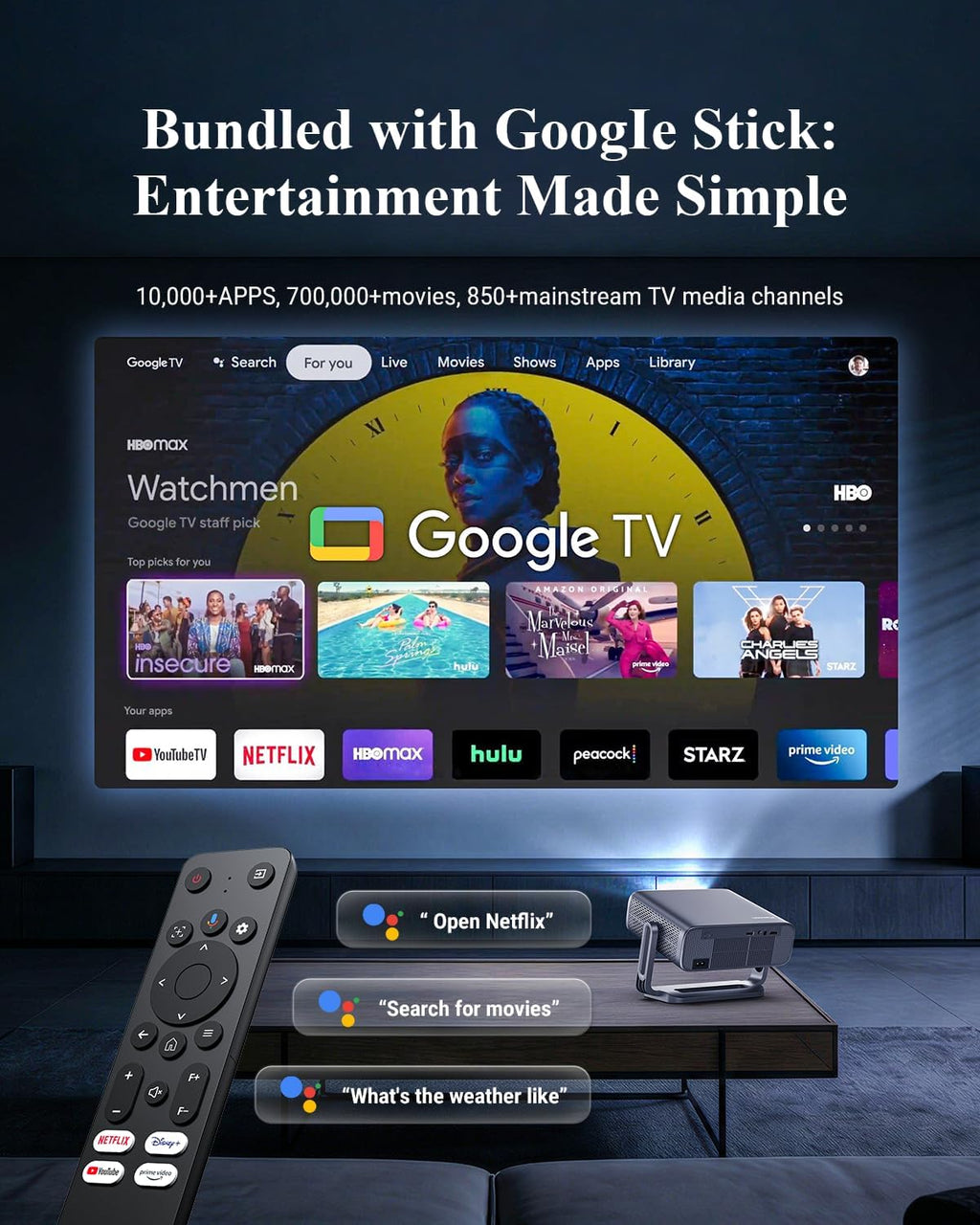 Smart Projector Built in Google TV and 4K Support with WiFi and Bluetooth, 2500ANSI, Auto Lens Cap, Portable Outdoor Movie Projector with Built-in Apps Auto Focus for Ceiling/Home Theater/Bedroom