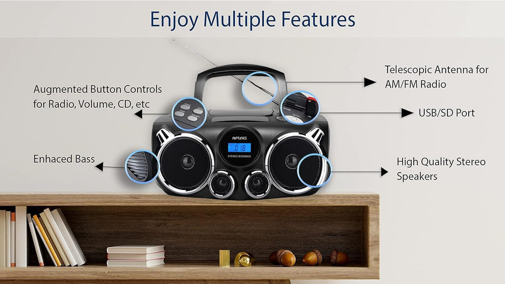 RIPTUNES Portable CD Player Bluetooth Stereo Sound, Digital AM FM Radio, MP3 CD Boombox USB SD Playback with Enhanced Bass, Aux in, Headphone Jack, CD-R/CD-RW Compatible, LCD Backlit Display, Black