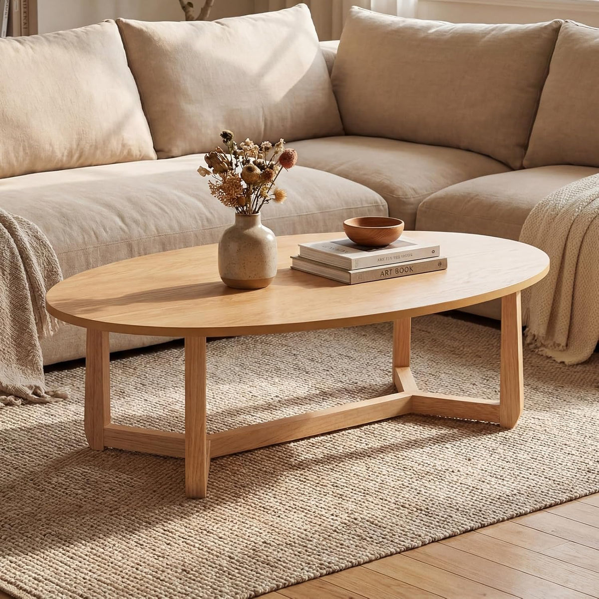 Giantex Oval Coffee Table, 46'' Wood Center Table with Thickened Top & Solid Rubber Wood Frame, Low Profile Cocktail Accent Table, Modern Living Room Table, Natural