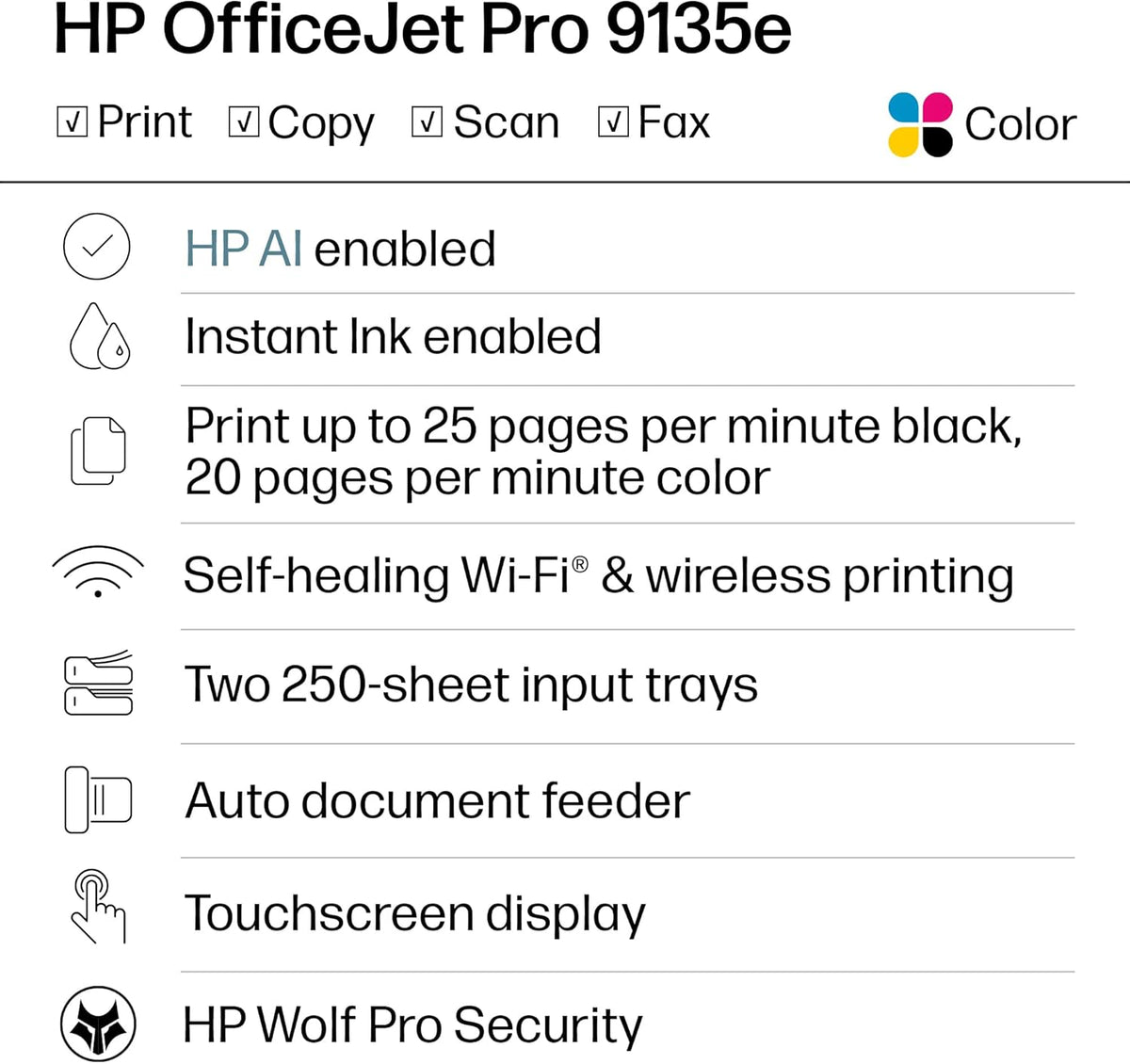 HP OfficeJet Pro 9135e Wireless All-in-One Color Inkjet Printer, Print, scan, copy, fax, ADF, Duplex printing best-for-office, 3 month Instant Ink trial included, AI-enabled (404M0A)
