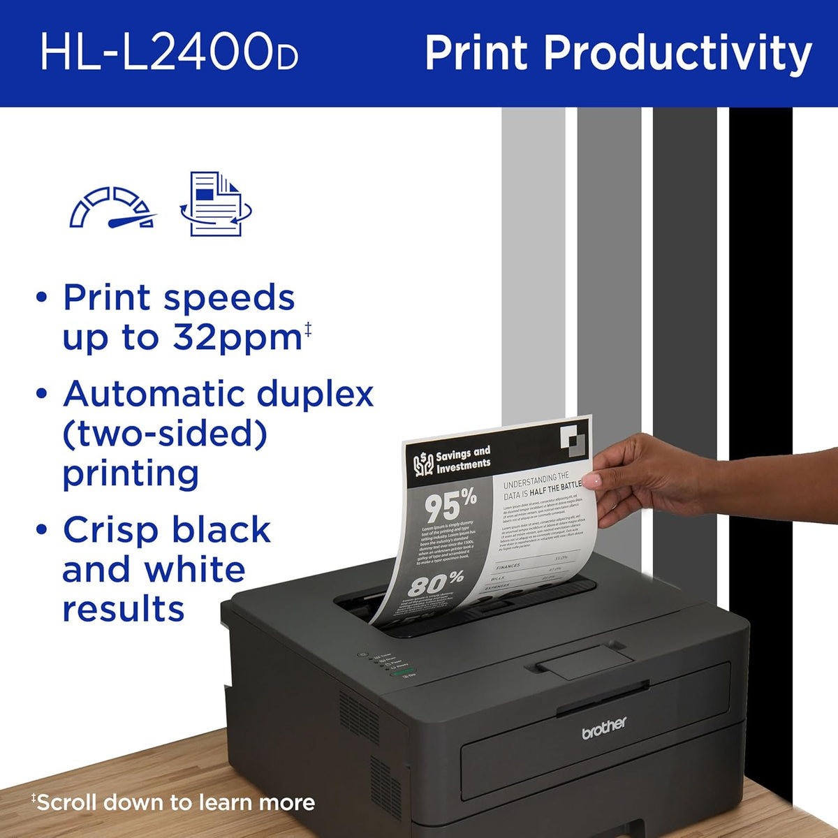 Brother Monochrome Laser Printer with 32 PPM Speed and Automatic 2-Sided Printing for Home Office, Fast Black and White Output, Compact Design with 250-Sheet Capacity (HL-L2400D)
