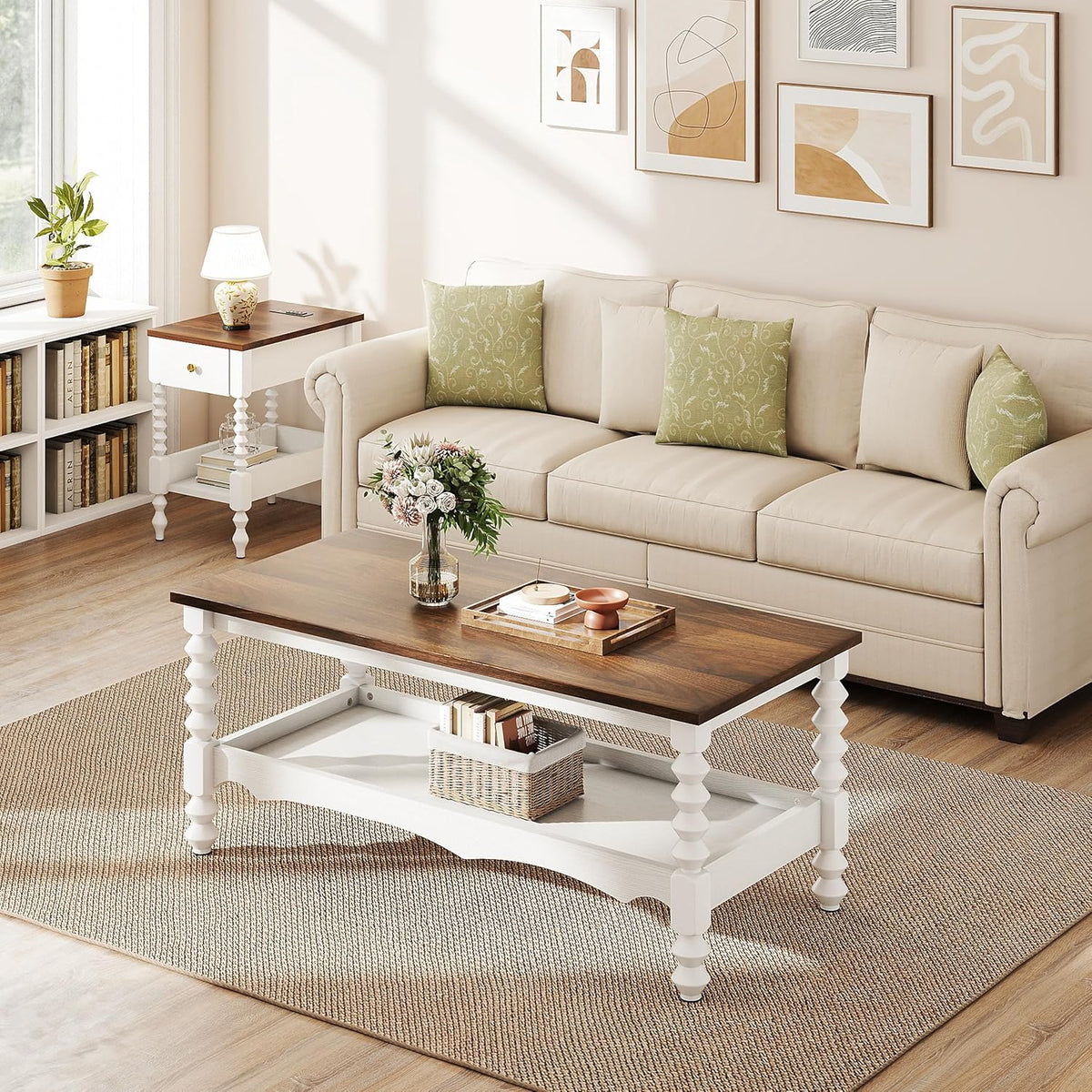 YOSHOOT 42" Farmhouse Coffee Table with Storage - Small Coffee Tables for Living Room Bedroom, 2-Tier Center Table with Solid Wood Legs and Thickened Top, White