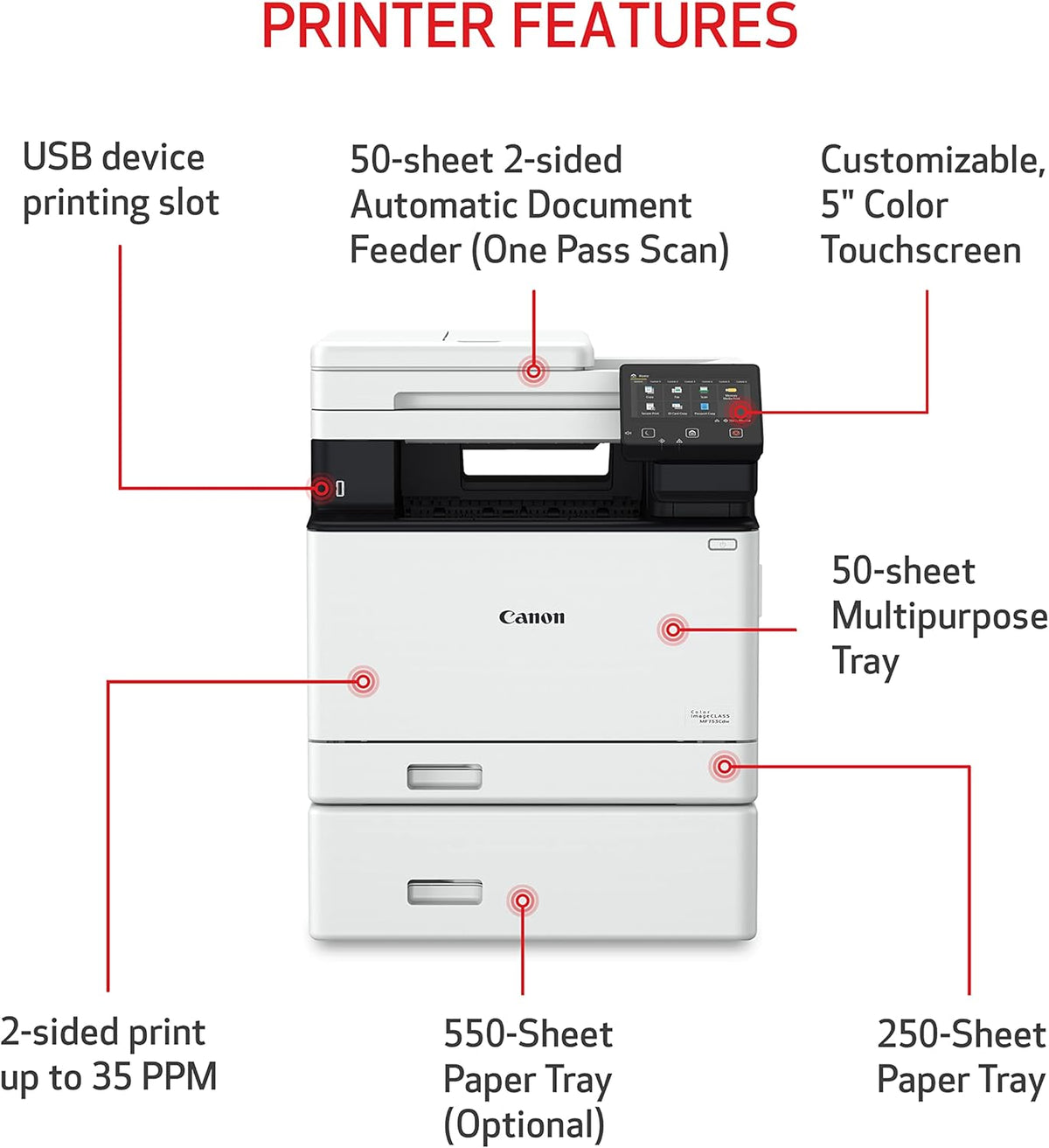 Canon imageCLASS MF753Cdw - Wireless Duplex Color Laser Printer, All-in-One with Scanner, Copier, Fax, Auto Document Feeder, Mobile Ready, 3 Year Limited Warranty, 35 PPM, White