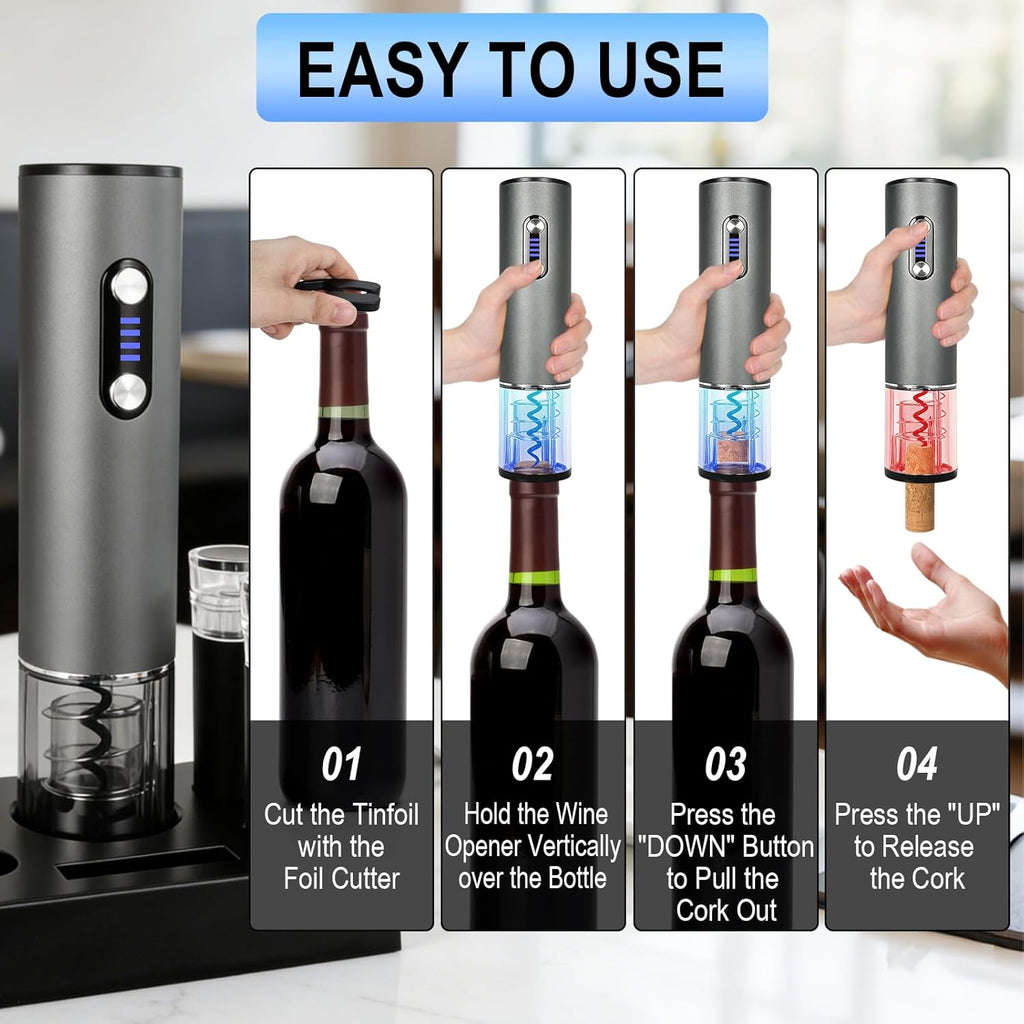 Electric Wine Opener, Automtic Wine Bottle Opener, USB-C Rechargeable Wine Opener Set with Foil Cutter, Wine Aerator Pourer, 2 Vacuum Stoppers and Storage Base