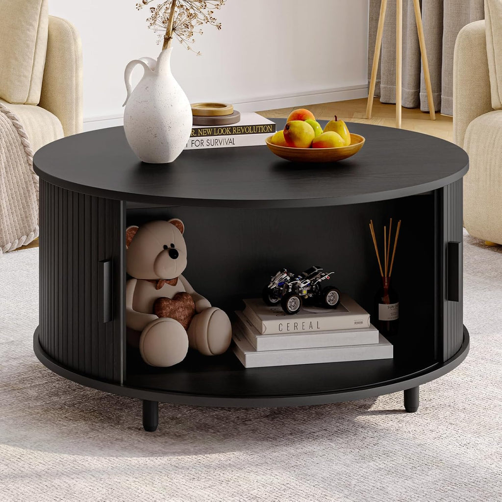 ONBRILL Round Coffee Table with Storage, 31.5" Modern Coffee Table with 360° Curved Sliding Door, Fluted Wood Accent Coffee Table with Adjustable Footpads, Round Center Table for Living Room, Black