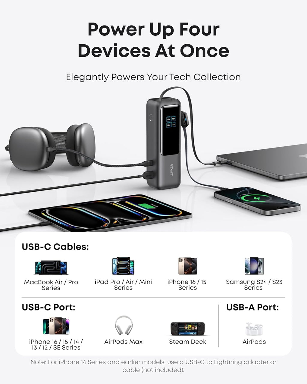 Anker Laptop Power Bank, 25,000mAh Portable Charger with Triple 100W USB-C Ports, Built-in Retractable Cables, Flight-Approved for Travel, iPhone 17/16 Series, MacBook, Samsung, and More