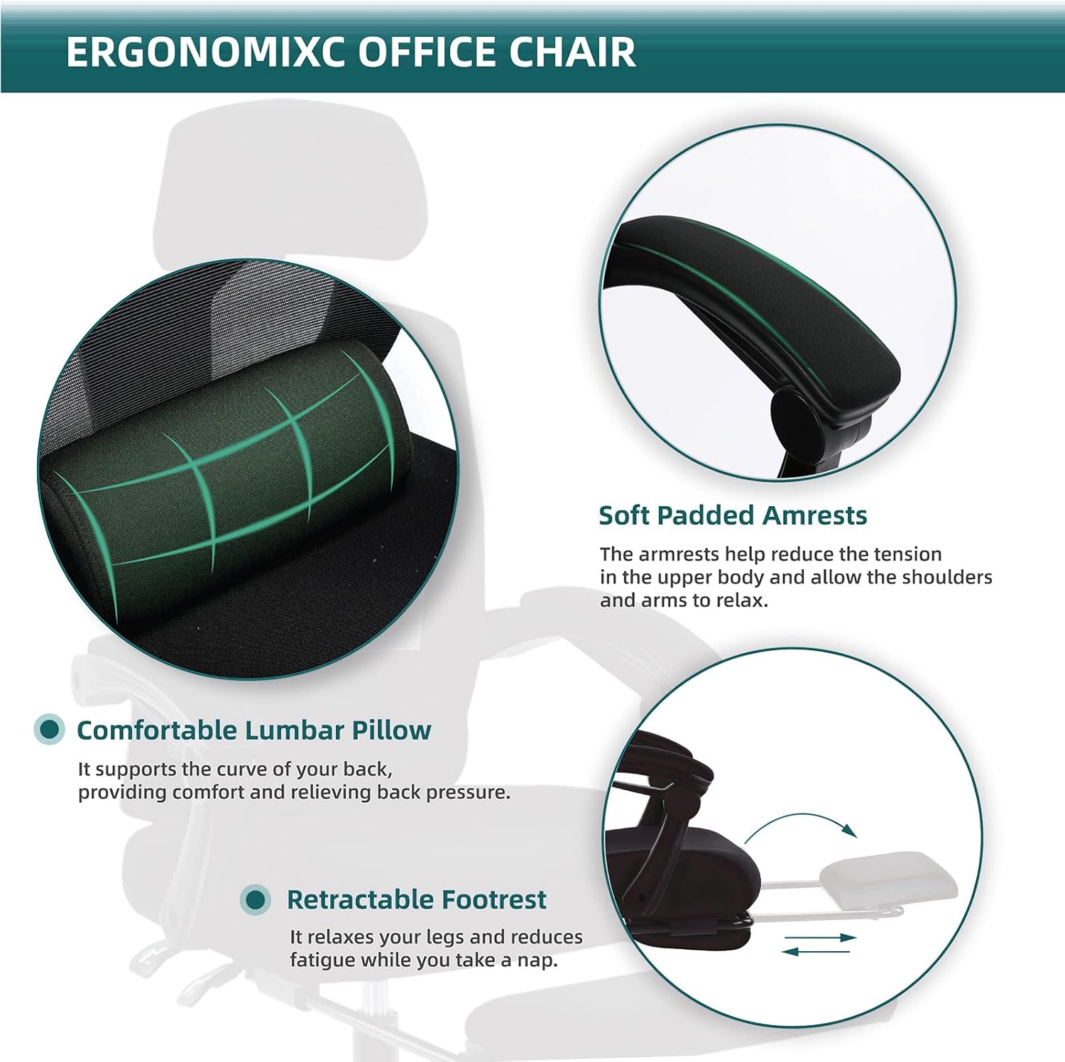 DUMOS Office Desk Computer Chair with Footrest, Ergonomic Mesh Swivel Gaming Chair with Rolling Wheels, Comfortable Headrest, Lumbar Support, Comfy for Home, Office, Task, Student, Inky