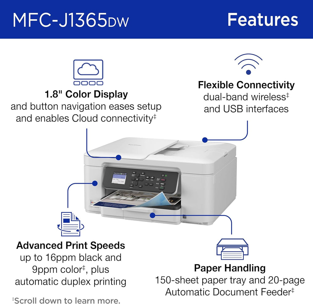 Brother INKvestment 1365 Wireless Color Inkjet All-in-One Printer with Automatic Duplex Printing and 1.8” Color Display | Includes Refresh Subscription Trial(1) (MFC-J1365DW)