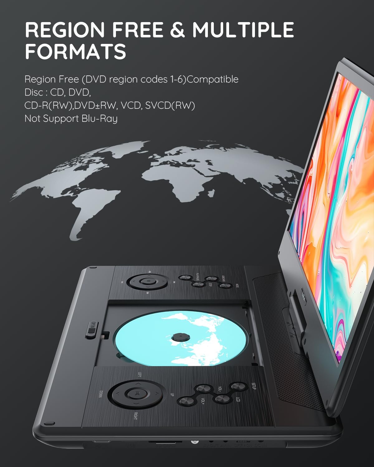 15.7" Portable DVD Player with 14.1" Large Screen Support, HDMI Input, 5 Hrs Rechargeable Battery, Sync TV/Projector, USB/SD, Region Free, Dual Speaker, Multiple Disc Formats, Black
