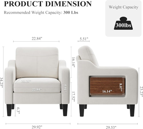 Accent Chairs Set of 2 for Living Room, Mid-Century Upholstered Armchair with Foldable Table & 2 Side Pockets, Modern Linen Wooden Sofa Chair for Bedroom & Reading Room, Beige