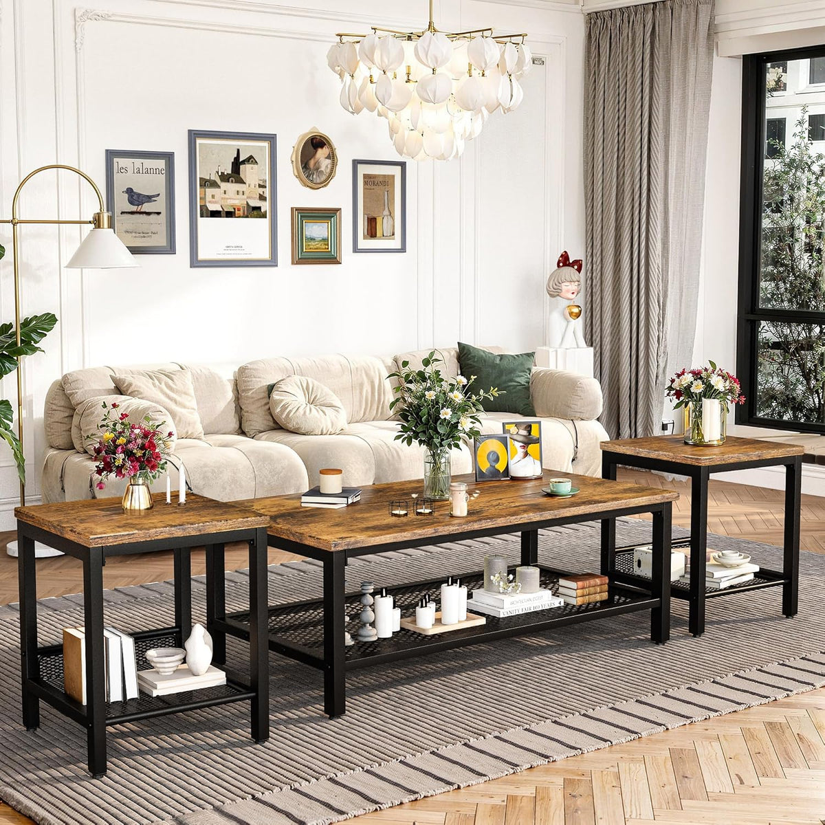 AWQM Coffee Table Industrial Coffee Table with 2 Square End Side Tables, Modern Living Room Table Set with Metal Frame for Apartment Home Office, Rustic Brown Set001