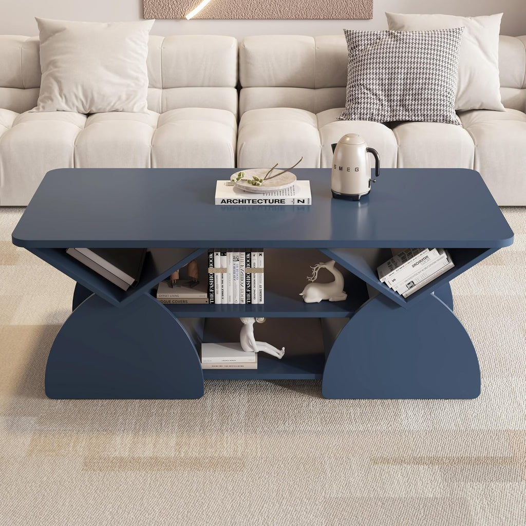 GDFStudio 47" Rectangle Coffee Table, Mid Century Modern Coffee Tables with Open Shelves & Sturdy Frame, Rounded Corners, Geometric Design, Engineered Wood Center Table for Living Room, Blue
