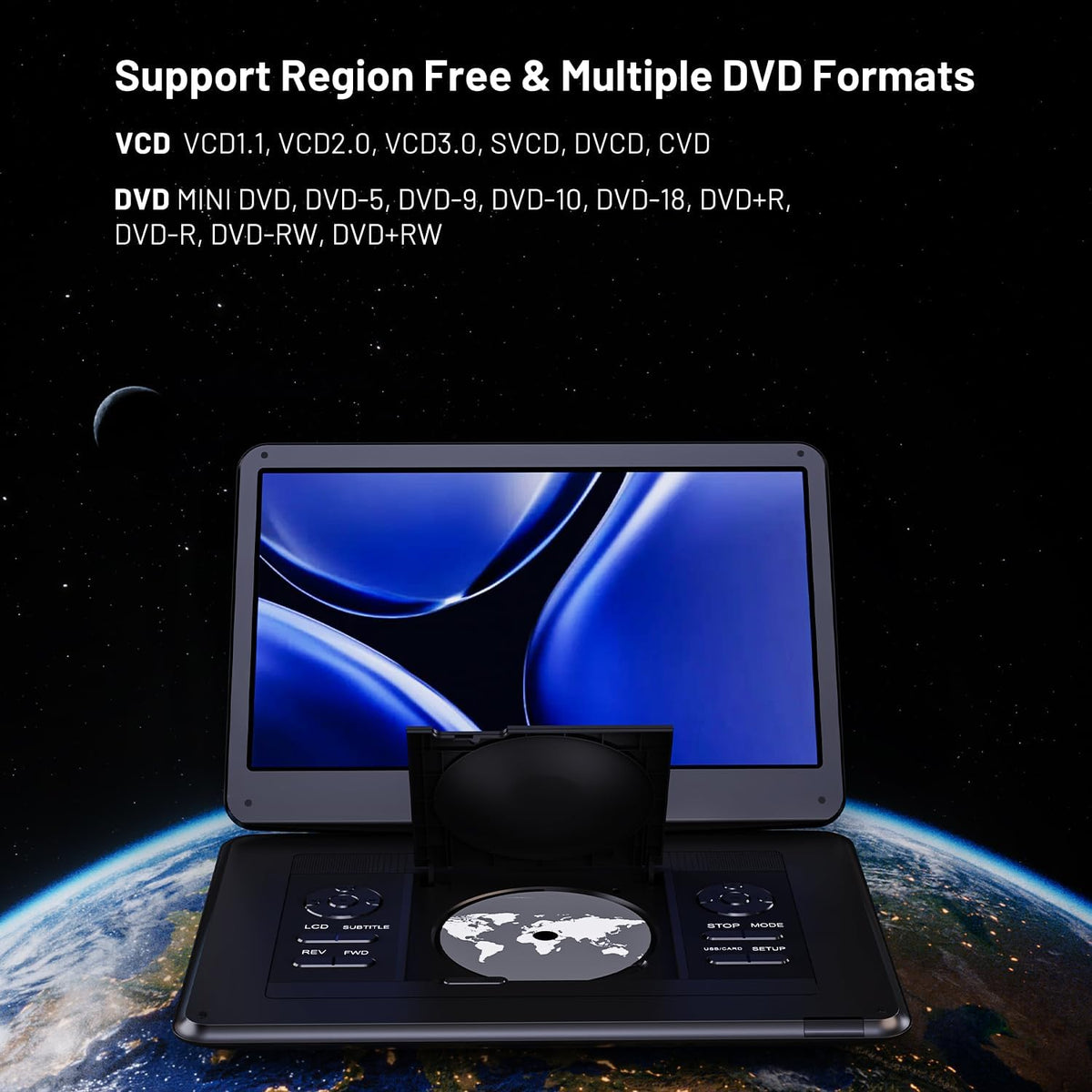 POFOTO 17.5" Portable TV/DVD Player with 15.6" HD Swivel Screen, Built-in ATSC Tuner & FM, Rechargeable Battery, Supports HDMI in/USB/Micro SD/AV Out, Multi-Disc Formats, Black