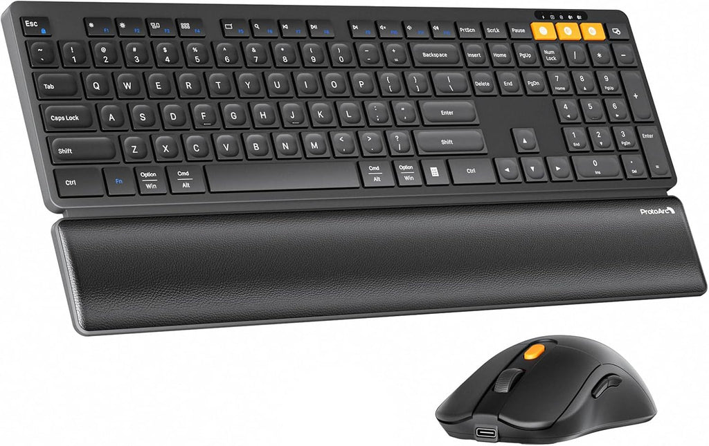ProtoArc Wireless Bluetooth Keyboard and Mouse Combo, KM60 Multi Device Rechargeable Ergonomic Full Size Keyboard Mouse with Wrist Rest Sleek Design for Laptop, Computer, Mac, MacBook, Windows, Black