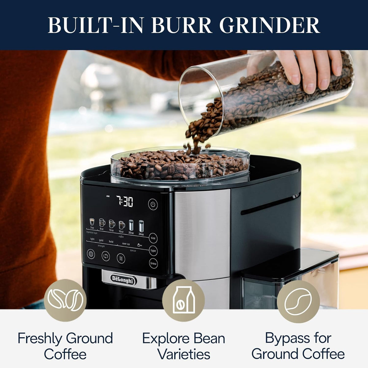 De'Longhi True Brew Drip Coffee Maker, Built in Grinder, Single Serve, 8 oz to 24 oz, Hot or Iced Coffee, Stainless, CAM51025MB (Renewed)