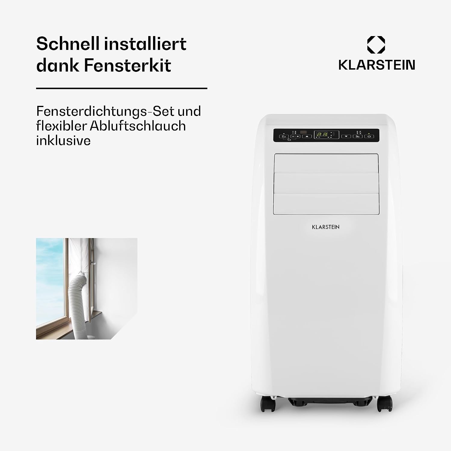 Klarstein Metrobreeze Rom Mobiles Klimagerät 10.000 BTU – 4-in-1, R290, EEK A+, SEER 12, 3kW, Fernbedienung, Weiß
