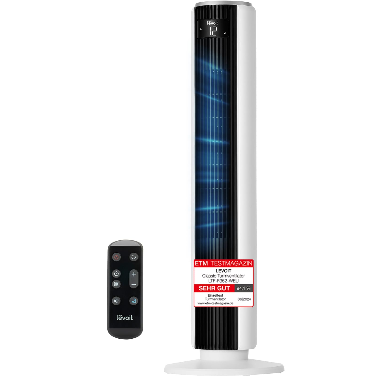 Levoit - DC Motor Turmventilator - 20dB sehr leiser Ventilator - 4 Modi/12 Stufen/12 Std Timer - Fernbedienung & Kühlung - Tower Fan mit 7,9m/s Geschwindigkeit - 24W Standventilator - Grau, 92 cm